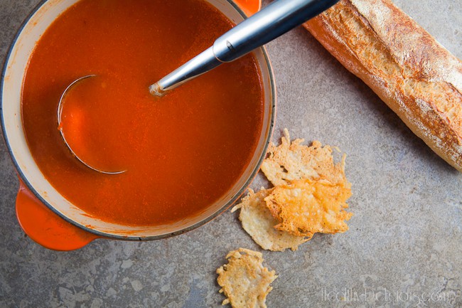 Roasted Red Pepper Bisque with Asiago Crisps