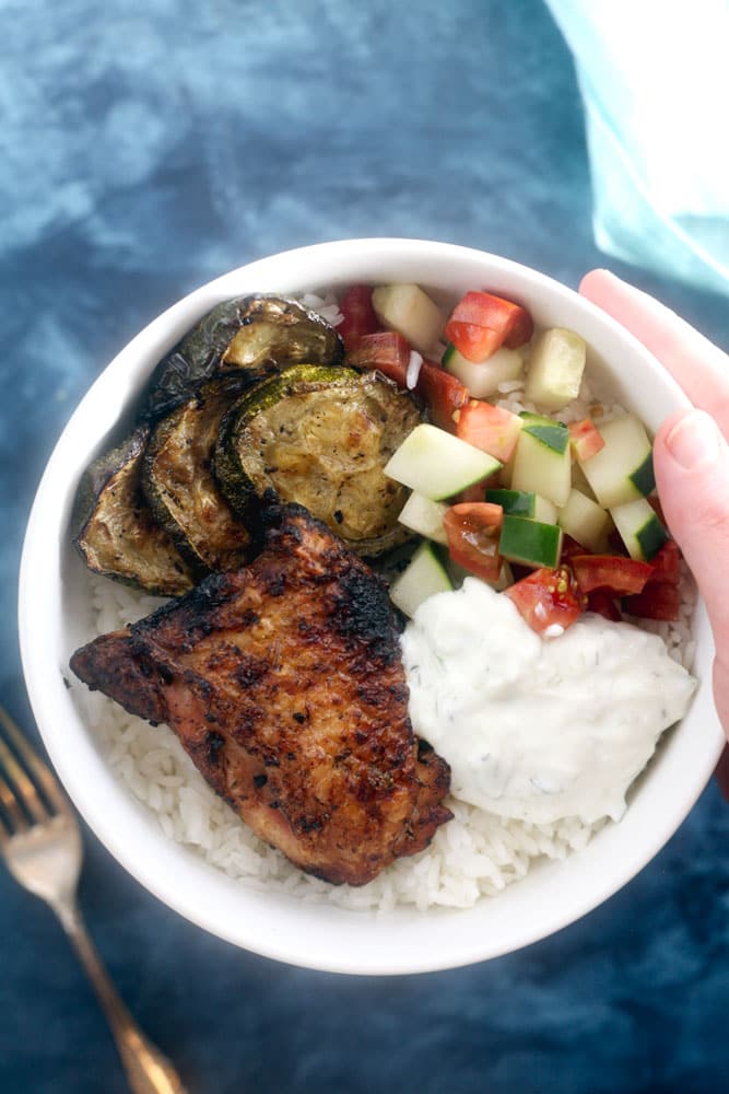 Grilled Greek Chicken Rice Bowls - with cucumber salad and tzatziki