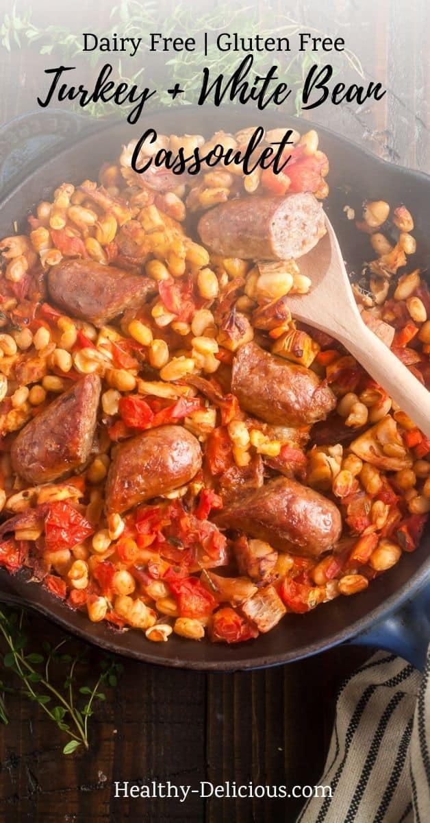 This shortcut cassoulet recipe made with turkey, sausage, and white beans is chock-full of traditional French flavor. This quick and easy recipe is gluten-free and dairy-free! via @HealthyDelish