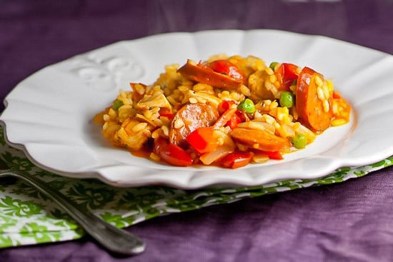 healthy paella with chicken and chorizo