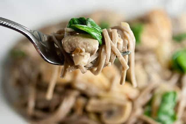 Soba Noodles with Sautéed Chicken, Mushrooms, and Spinach in Cream Sauce 1