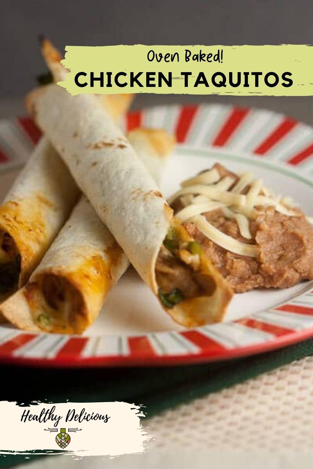 Crispy oven baked chicken flautas have so much flavor! These easy taquitos are a perfect alternative for taco night. The shredded chicken is mixed with spinach and cheese and the tortillas are cut in half for a healthy option. via @HealthyDelish