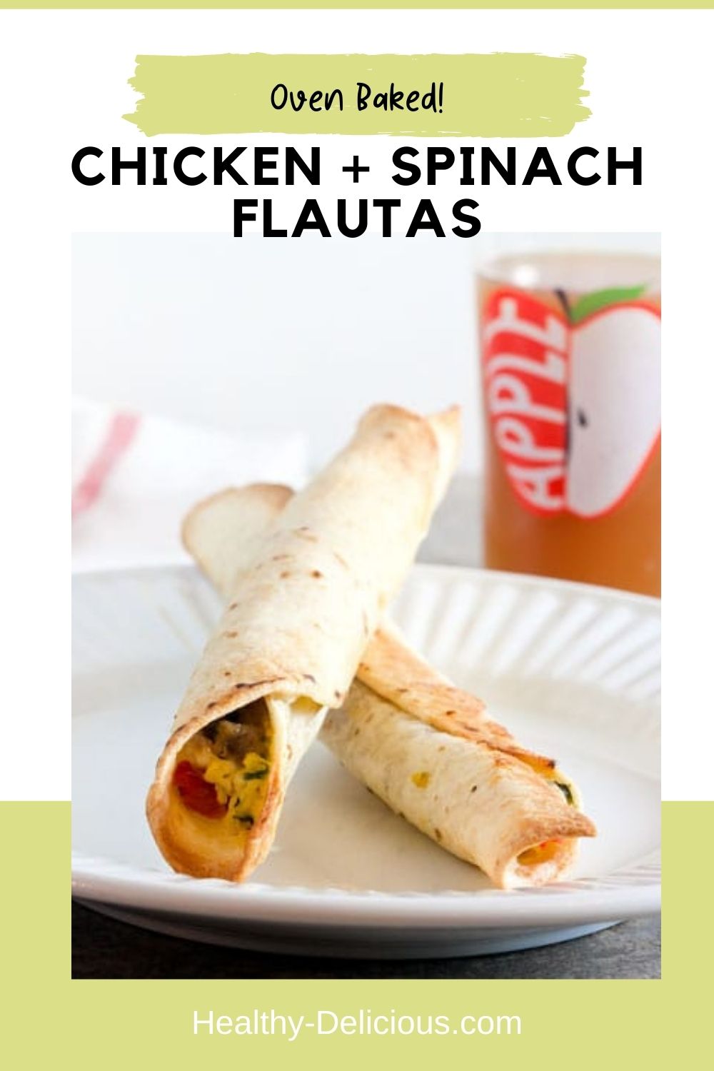 Crispy oven baked chicken flautas have so much flavor! These easy taquitos are a perfect alternative for taco night. The shredded chicken is mixed with spinach and cheese and the tortillas are cut in half for a healthy option. via @HealthyDelish