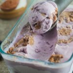 blueberry cheesecake frozen yogurt with a Biscoff swirl