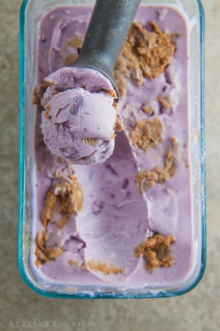 blueberry cheesecake frozen yogurt with a Biscoff swirl