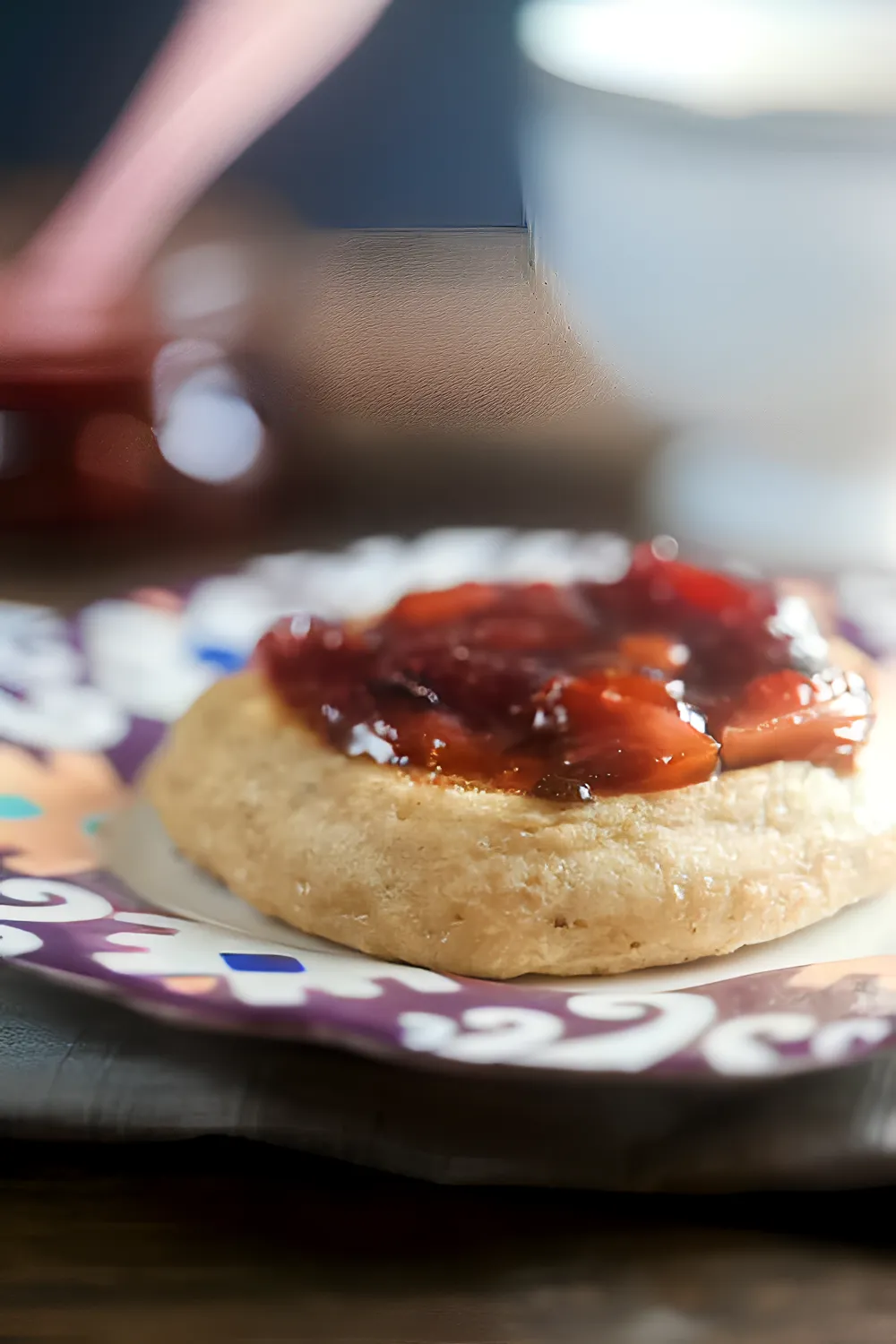 homemade crumpet with strawberry jam. 