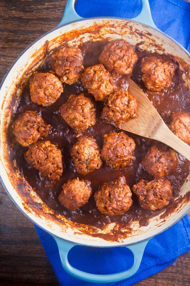 Pork Meatballs in Homemade Enchilada Sauce | @HealthyDelish