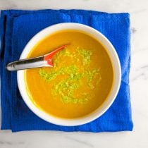 Chilled Carrot and Roasted Cumin Soup with Scape-Pistachio Pesto {vegan} // @HealthyDelish