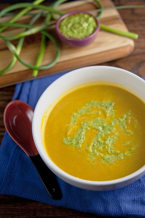 Chilled Carrot Soup with Scape and Pistachio Pesto // @HealthyDelish