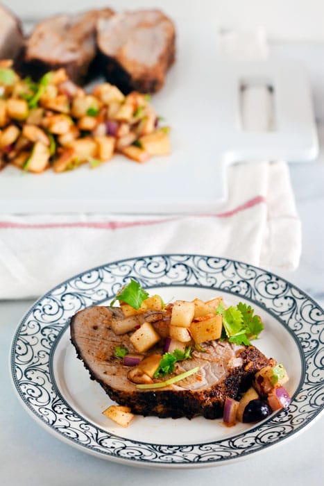 Chili Rubbed Pork Loin with Apple Salsa. Fancy it up with mashed potatoes and garlicky green beans for a weekend meal, or stuff it into corn tortillas on a weeknight. #glutenfree