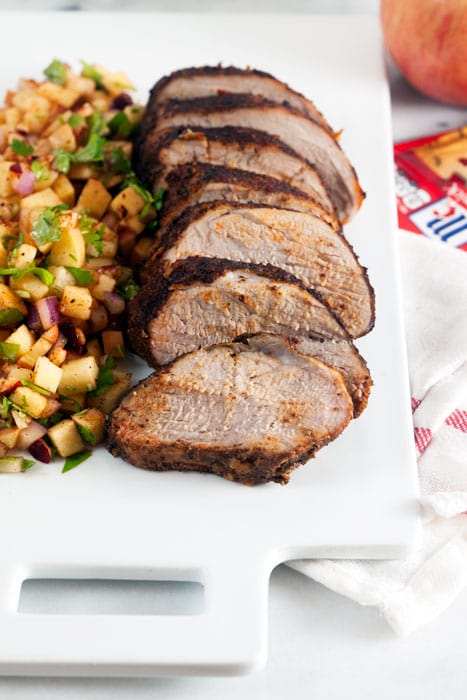 Chili Rubbed Pork Loin with Apple Salsa - A 30 minute meal thats just as appropriate as part of a holiday spread as it is for a weeknight. 