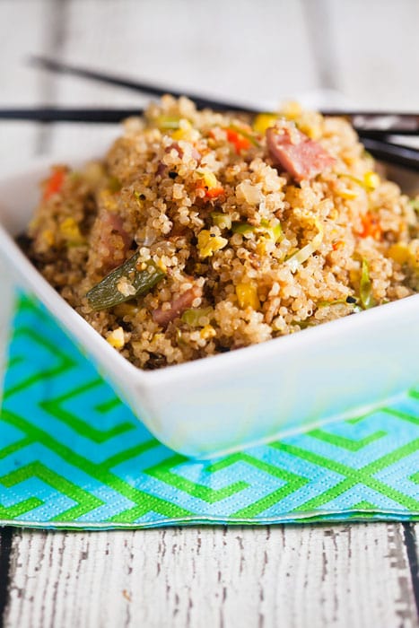 Quinoa Fried Rice is an easy and healthy way to use leftover ham. It's perfect for a weeknight! 