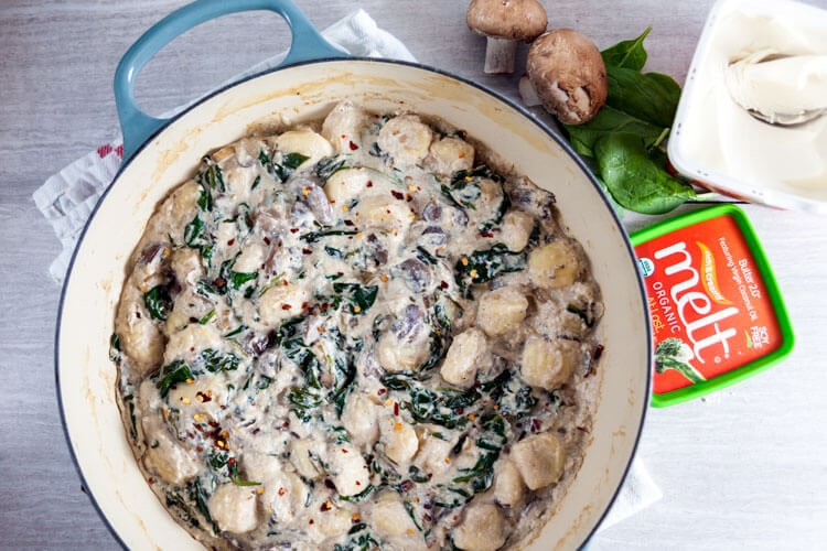Baked Gnocchi in Tofu Cream Sauce with Spinach and Mushrooms | @HealthyDelish
