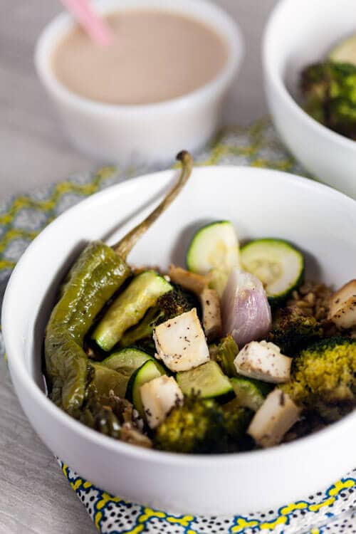 ROast Vegetable Freekeh Bowls with Tahini Sauce