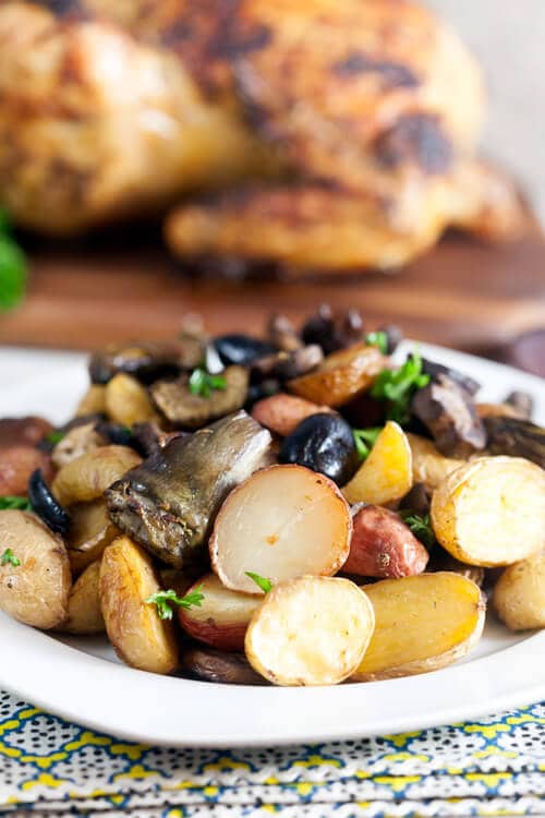 Roast Potatoes with Artichokes, Mushrooms, and Olives