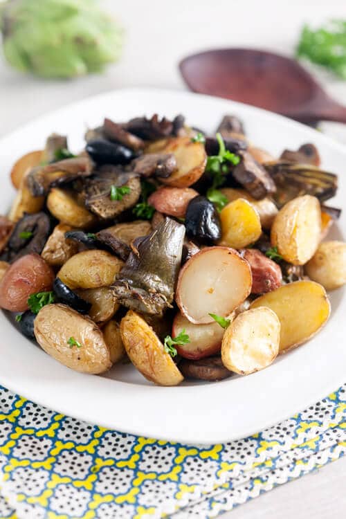 Roast Potatoes with Artichokes, Mushrooms, and Olives 