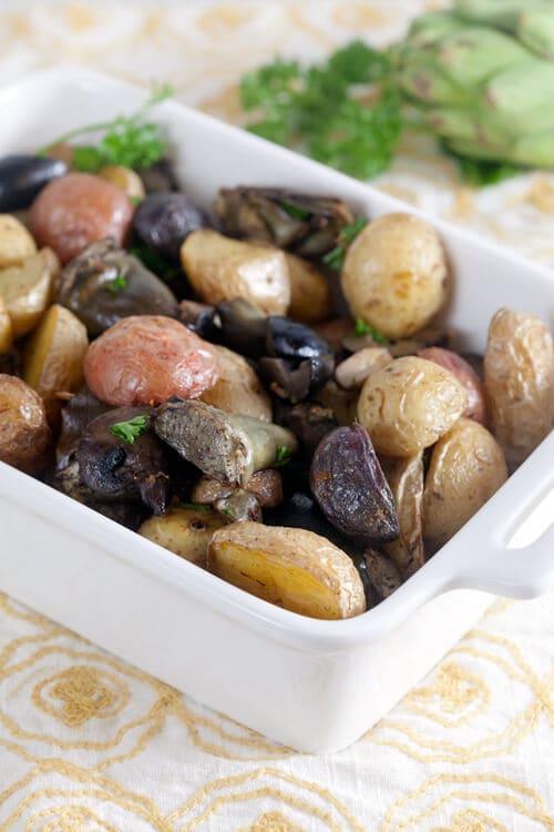 Roast Potatoes with Artichokes, Mushrooms, and Olives 