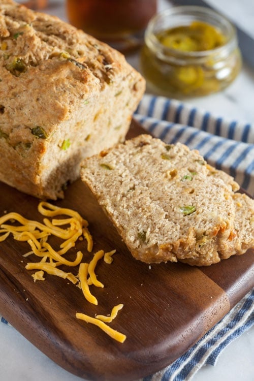 Next time you make soup, be sure to throw a loaf of this Jalapeño Cheddar Beer Bread into the oven. Ready in under an hour and so easy to make!