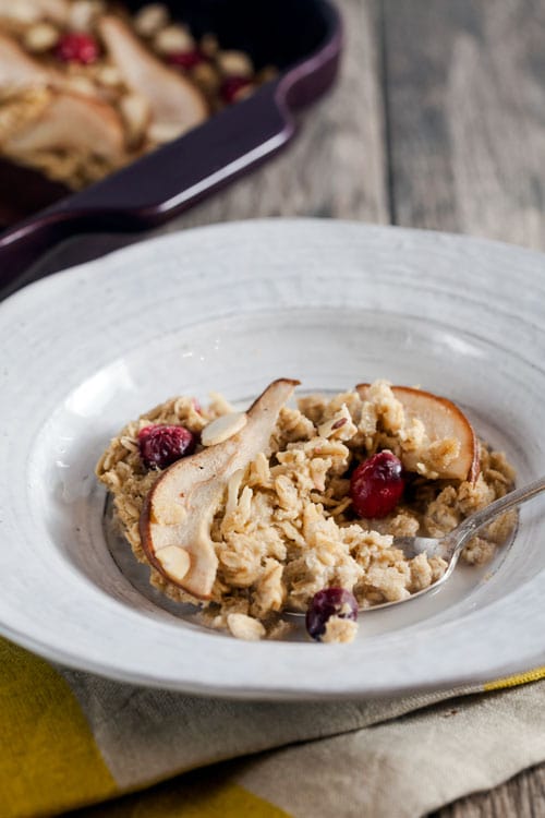 Baked Oatmeal with Amaretti Biscotti Cookie Butter, Pears, and Cranberries 