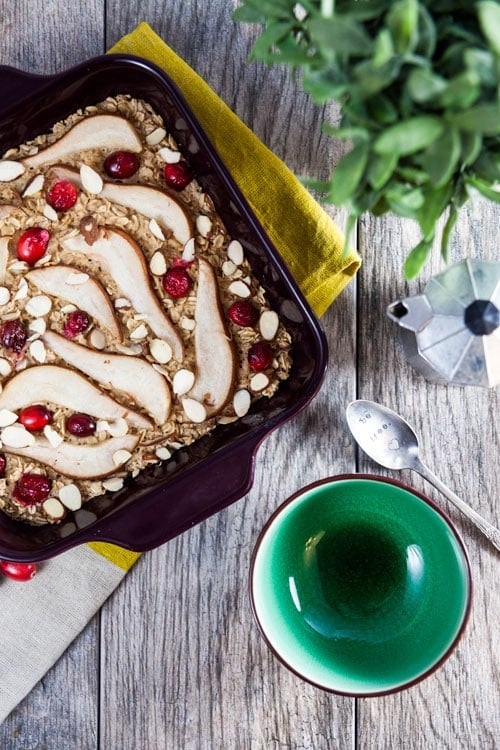 Baked Oatmeal with Amaretti Biscotti Cookie Butter, Pears, and Cranberries 