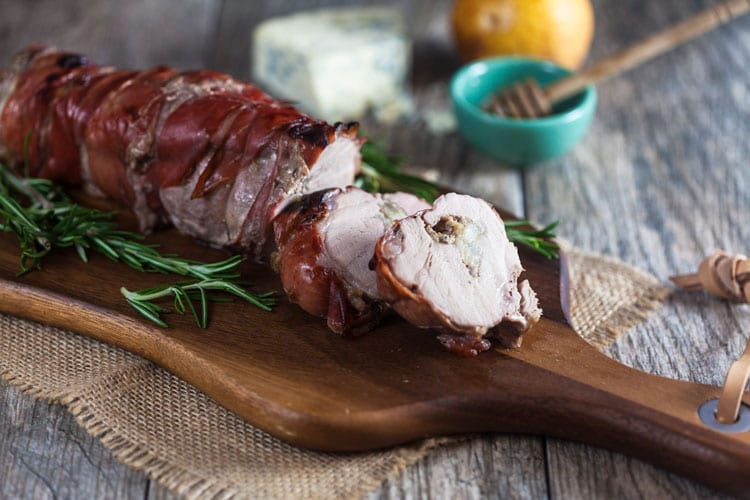 Proscuitto Wrapped Pork Tenderloin with Honey Poached Pears + Gorgonzola