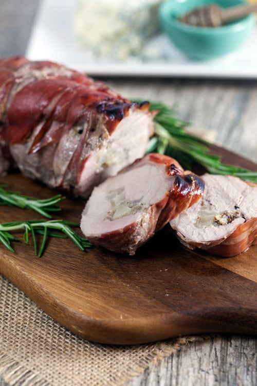 Proscuitto Wrapped Pork Tenderloin with Honey Poached Pears + Gorgonzola