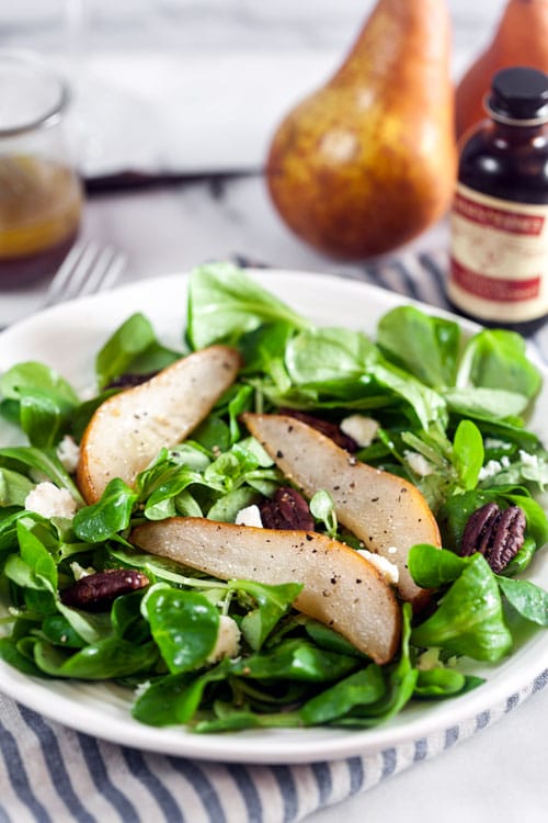 Winter Salad with Roast Pears, Spiced Nuts, and Vanilla Vinaigrette