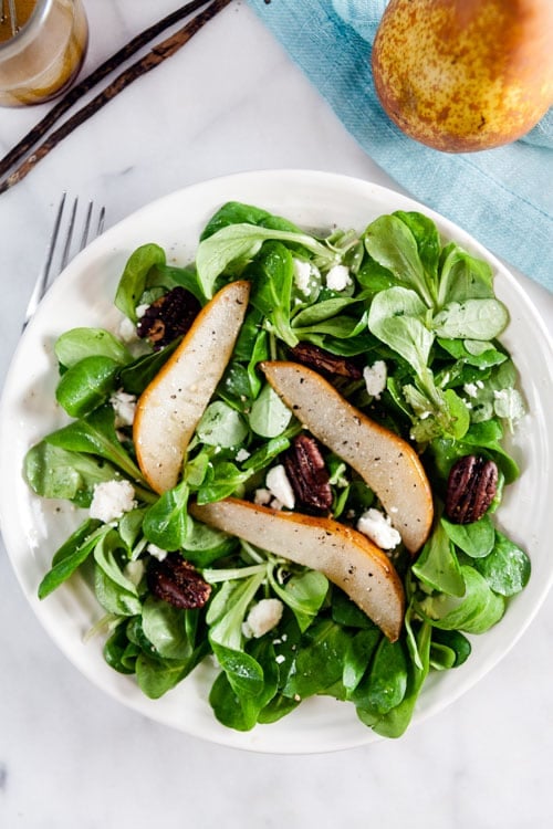 Winter Salad with Roast Pears, Spiced Nuts, and Vanilla Vinaigrette