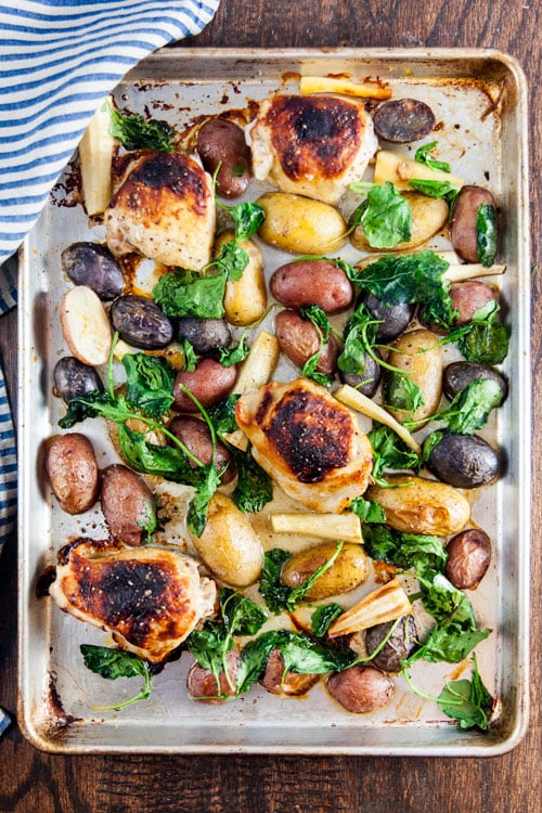Sheet Pan Honey Mustard Chicken Thighs with Parsnips and Crispy Kale
