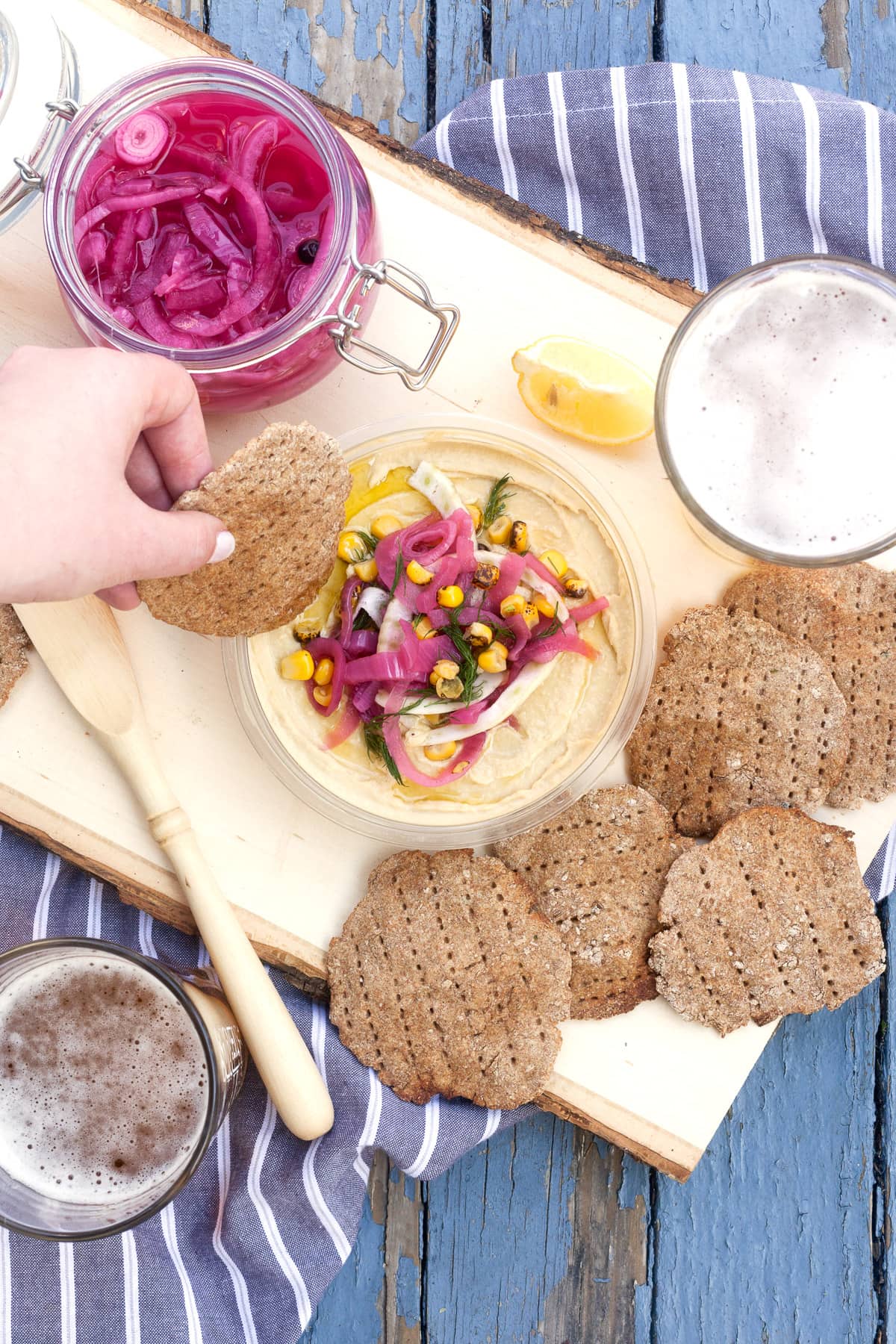 Homemade Beer-Rye Crackers and Pickled Red Onion Hummus Plate