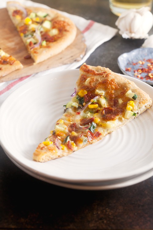 Chorizo Pizza with Corn and Zucchini