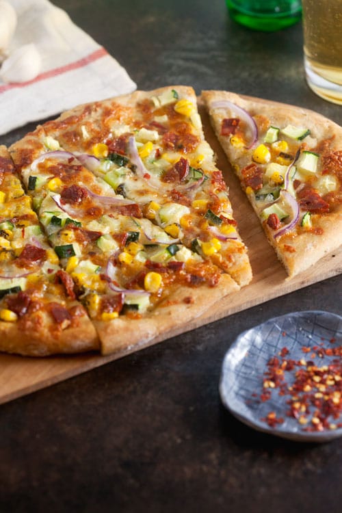 Chorizo Pizza with Corn and Zucchini