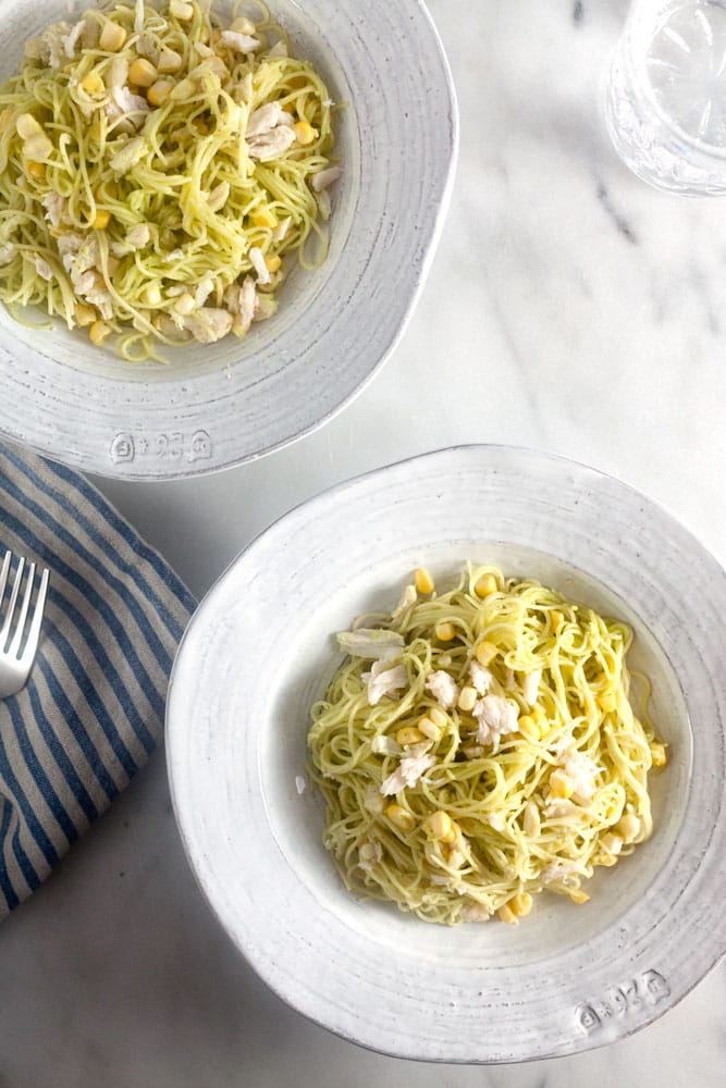 5-ingredient crab and corn pasta with avocado-dill sauce is a simple and delicious meal made for laid back, late-summer nights. 