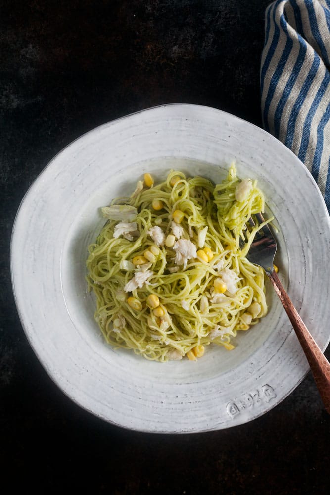 Crab and Corn Pasta with Avocado-Dill Sauce 1