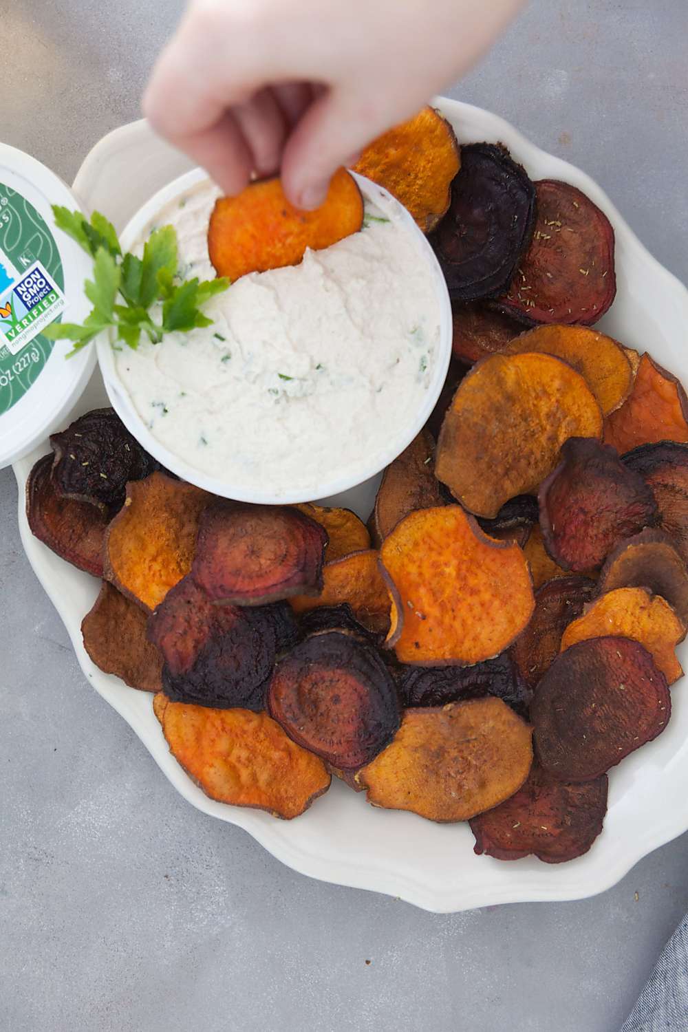 Recipe for Baked Sweet Potato and Beet Chips with Horseradish Dip 