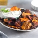 Recipe for Baked Sweet Potato and Beet Chips with Horseradish Dip