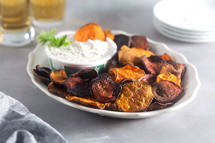 Recipe for Baked Sweet Potato and Beet Chips with Horseradish Dip