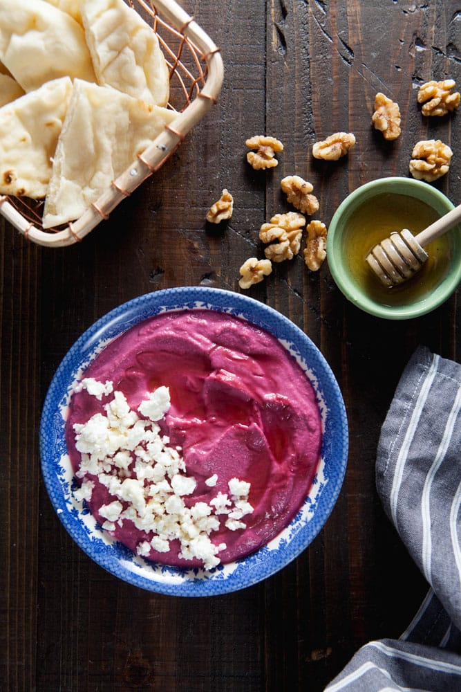Recipe for Creamy Beet Hummus with Walnuts and Feta 
