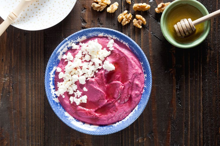 Recipe for Creamy Beet Hummus with Walnuts and Feta