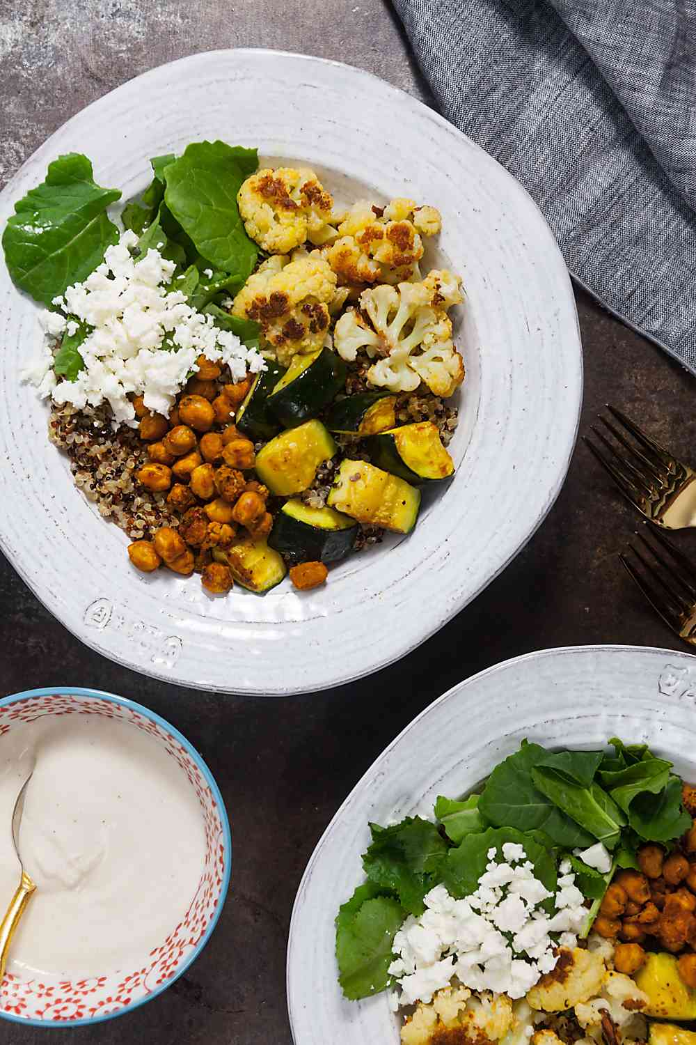 Roast Cauliflower Quinoa Bowls with Crispy Chickpeas and Lemon-Tahini Sauce