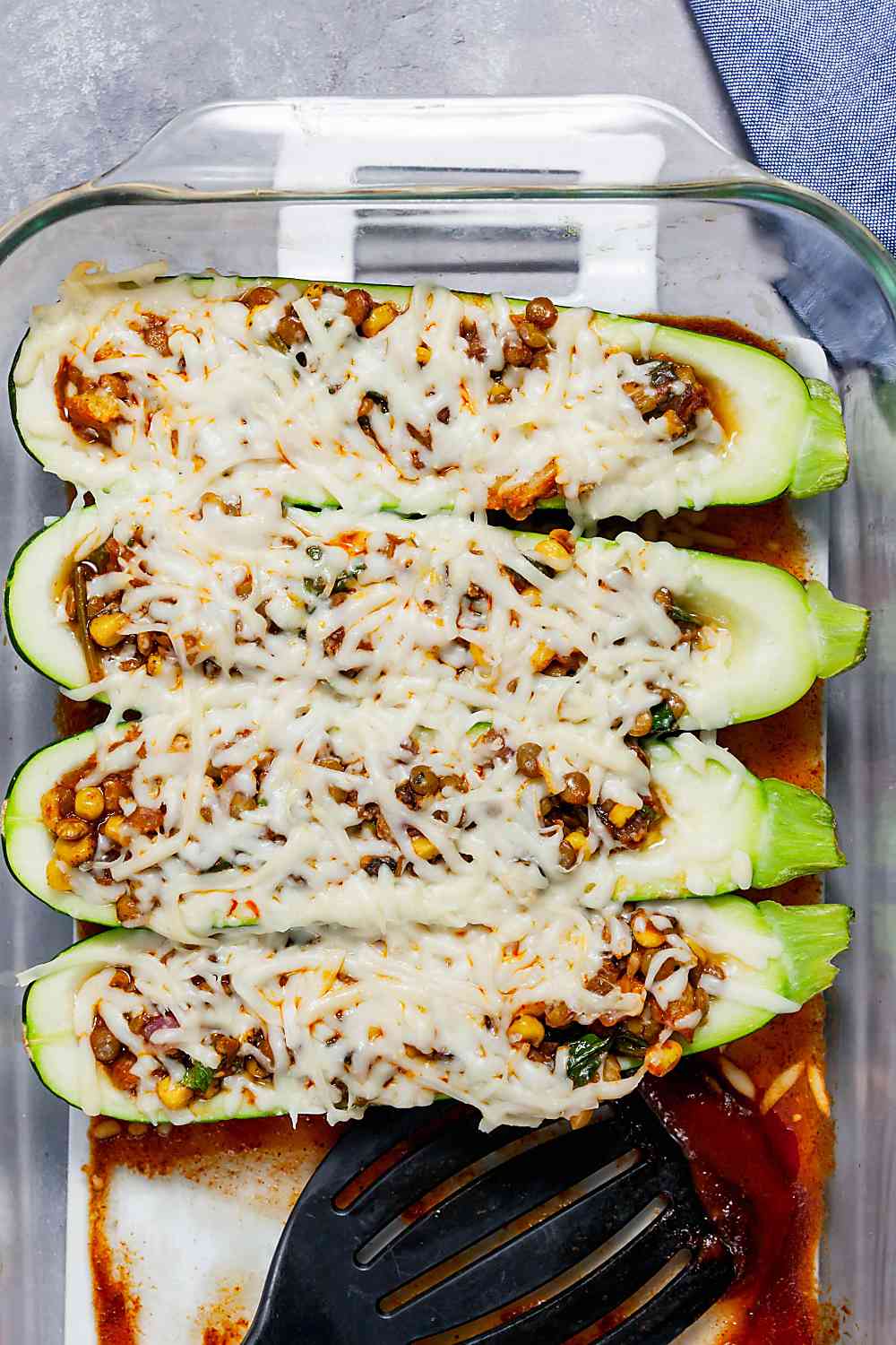 Enchilada Stuffed Zucchini Boats with Lentils (Vegetarian) 