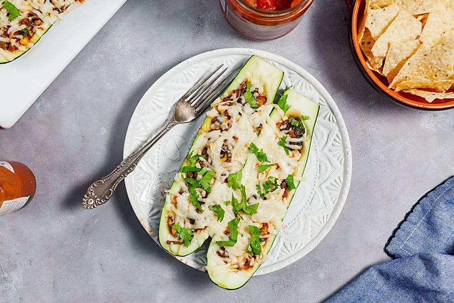 Enchilada Stuffed Zucchini Boats with Lentils (Vegetarian)