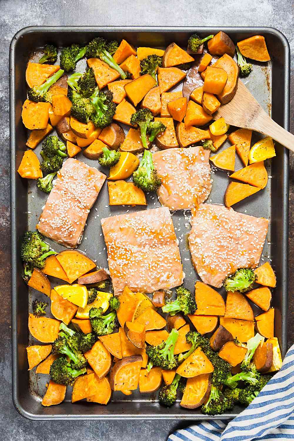 One Pan Orange Salmon with Sweet Potatoes and Broccoli