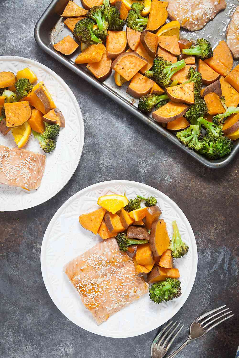 One Pan Orange Glazed Salmon with Sweet Potatoes and Broccoli