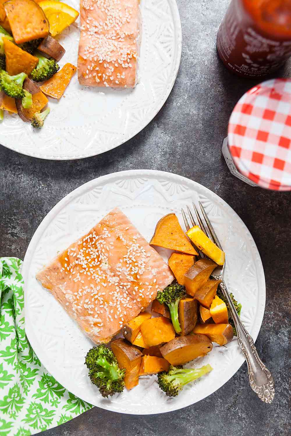 One Pan Orange Salmon with Sweet Potatoes and Broccoli