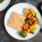 One Pan Orange Glazed Salmon with Sweet Potatoes and Broccoli