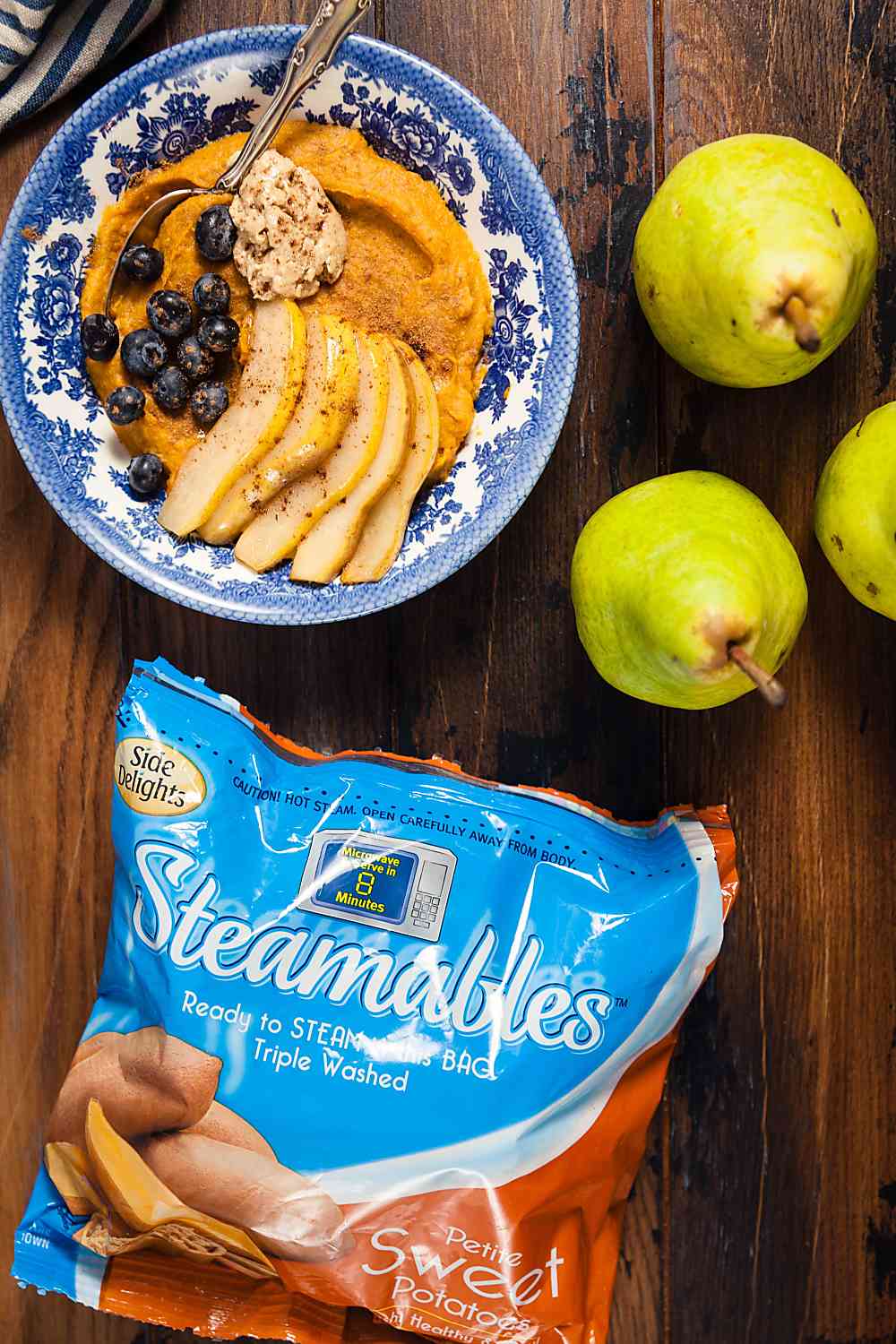 Sweet Potato Breakfast Bowls with Brown Sugar Pears - 10 minute recipe