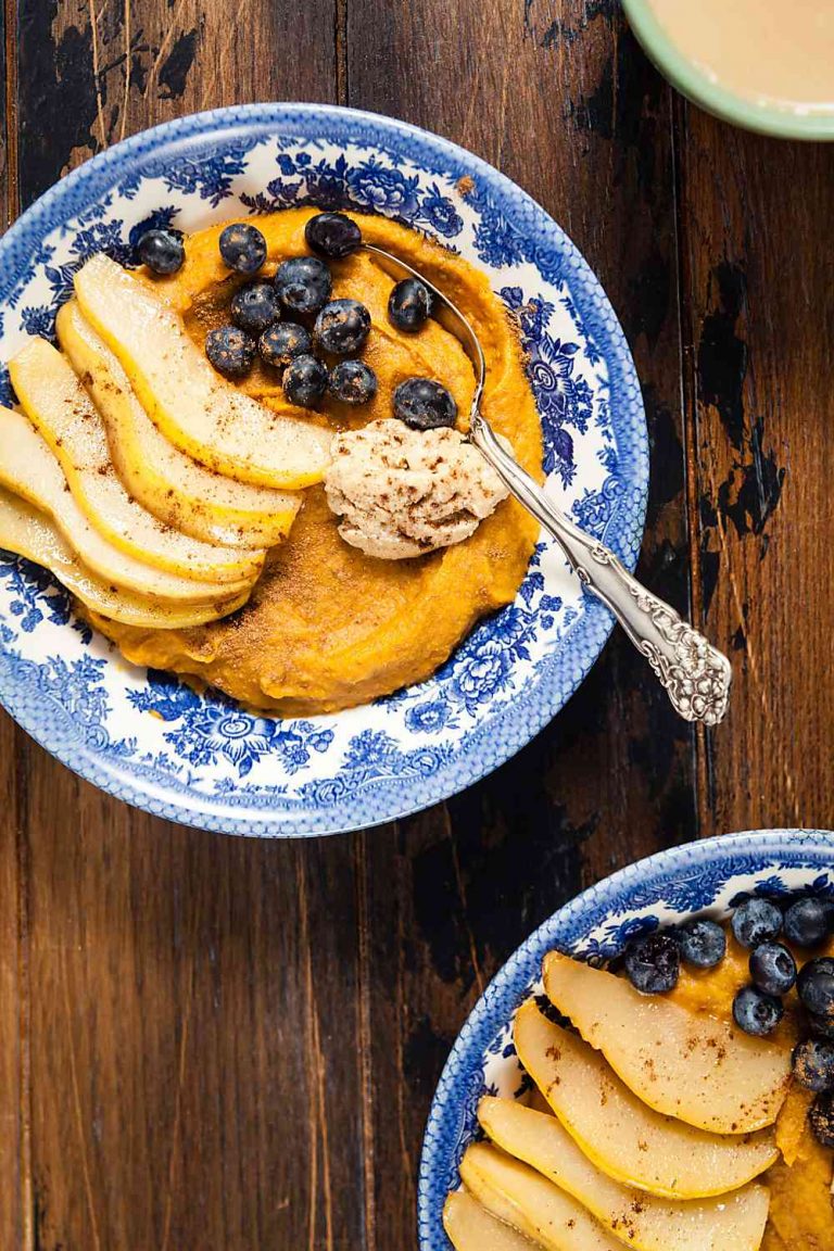 Sweet Potato Breakfast Bowls with Brown Sugar Pears - 10 minute recipe