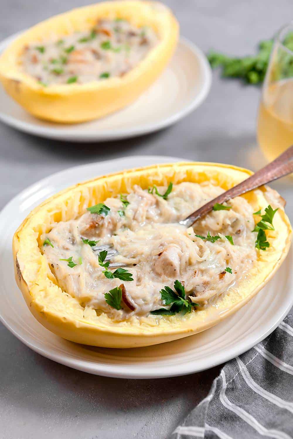 Chicken Carbonara Spaghetti Squash Boats (Gluten Free, Dairy Free)