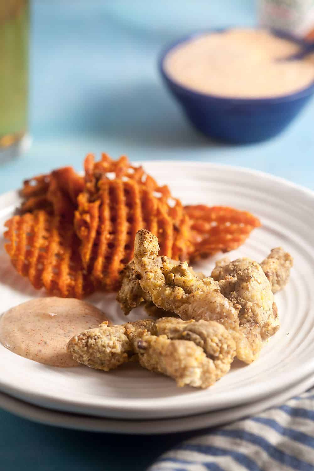 Pecan Crusted Catfish Nuggets with Greek Yogurt Remoulade (Air Fried)